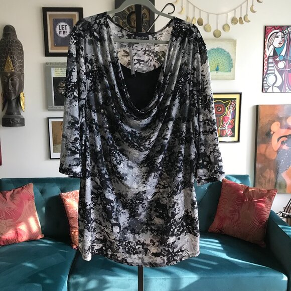 MAGGIE BARNES size 4X Gray & Black Paillettes Layered Cowl Neck Tunic Top NWT - Picture 1 of 5
